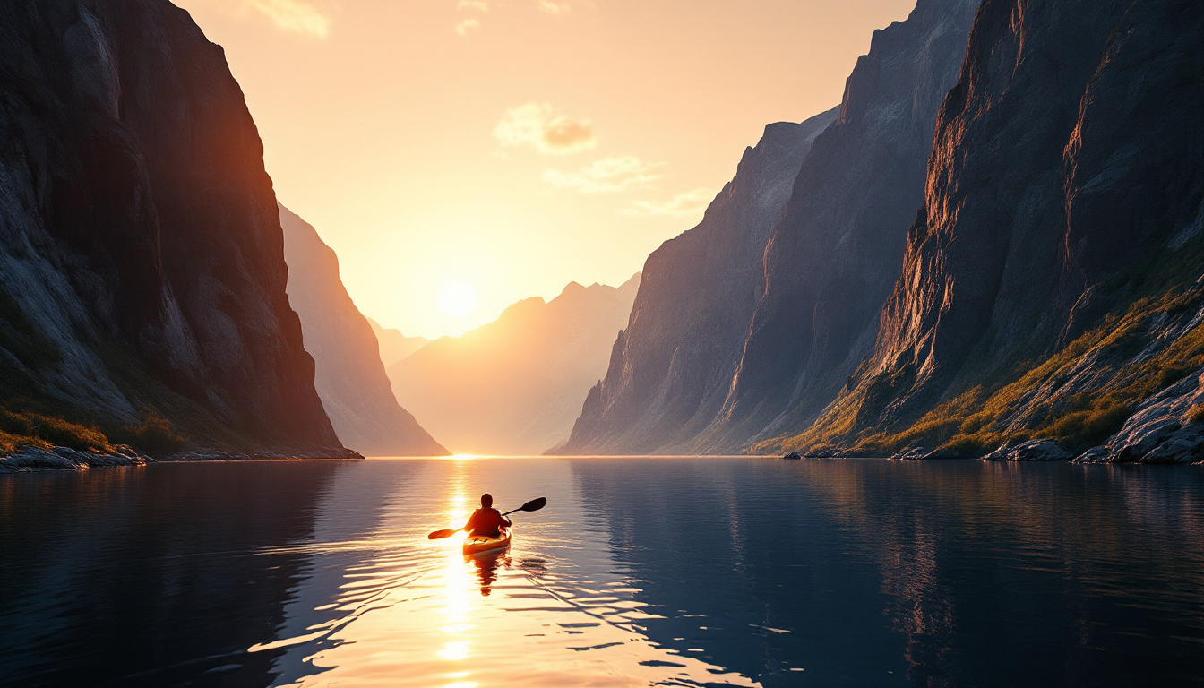 Midnight sun shining over Norwegian fjords with kayakers and mountains