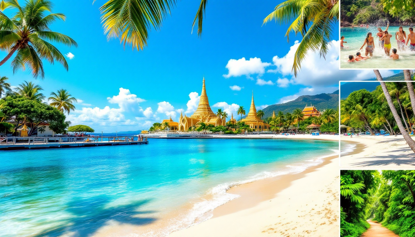 Thailand seasonal travel scenes including dry season beach and rain season greenery with cultural water festival