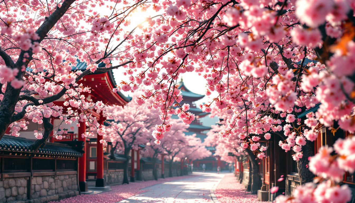 Cherry blossoms in full bloom around Japanese temples in spring