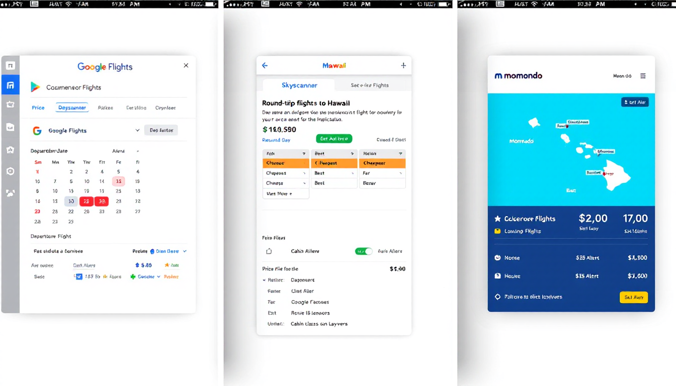 Screenshots of popular flight comparison search engines and price alert features