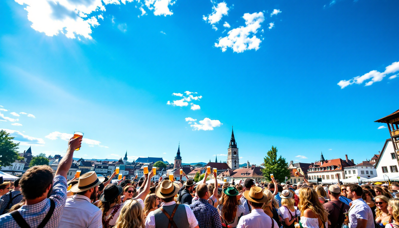 Oktoberfest beer tents with people enjoying festival in Munich on a weekday