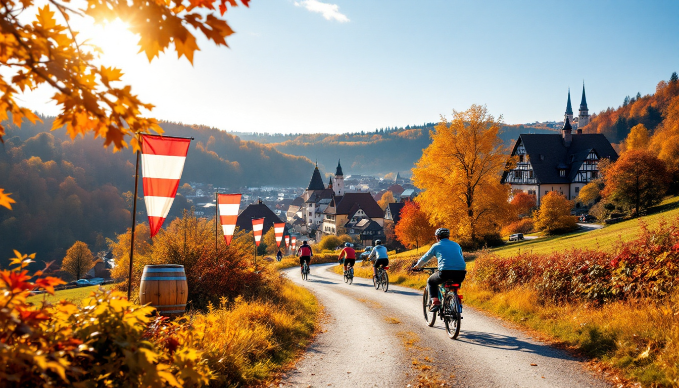 Cyclists on Romantic Road in Bavaria with autumn colors during Oktoberfest
