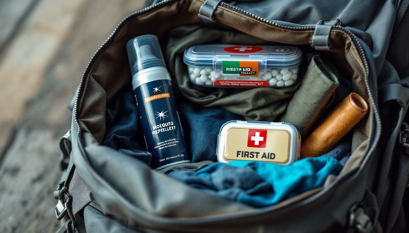 Packed travel bag with essential health and safety gear for monsoon season