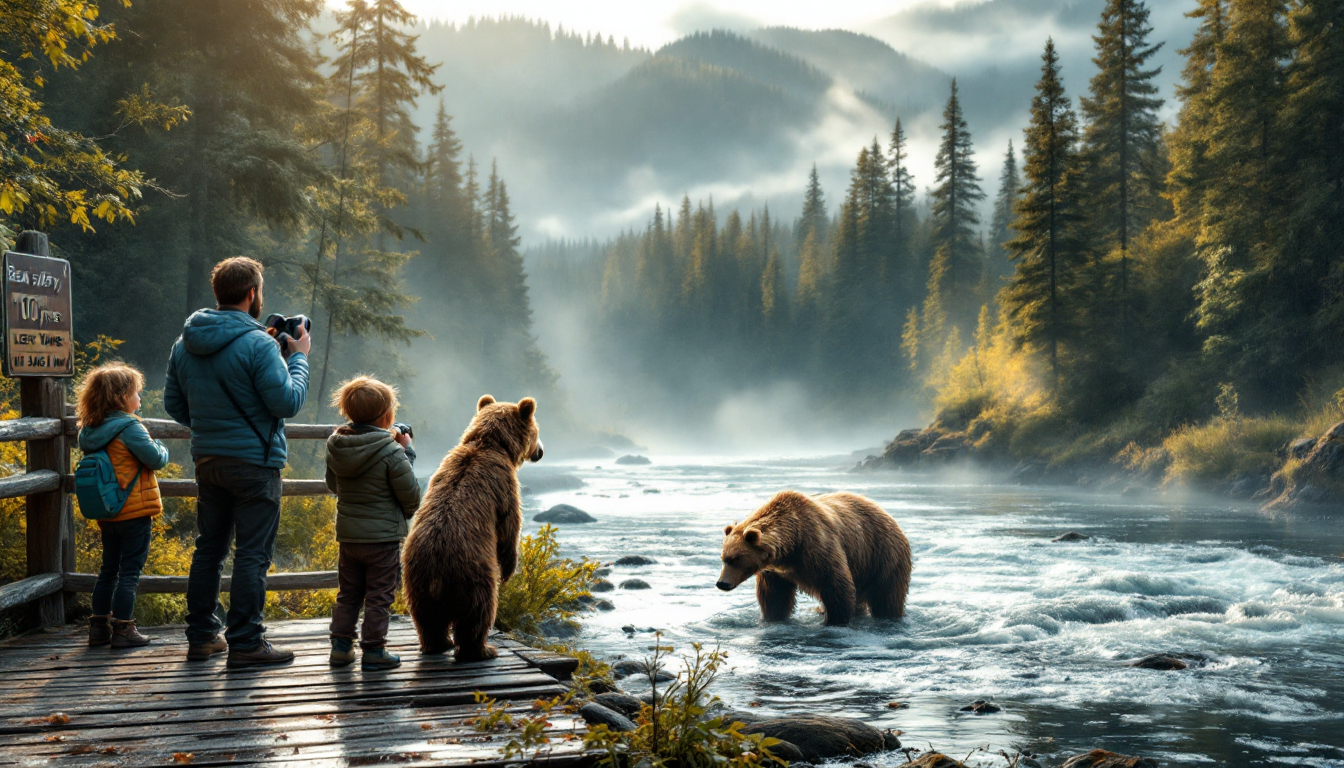 Safe wildlife viewing of bears fishing in Alaska from a secure platform