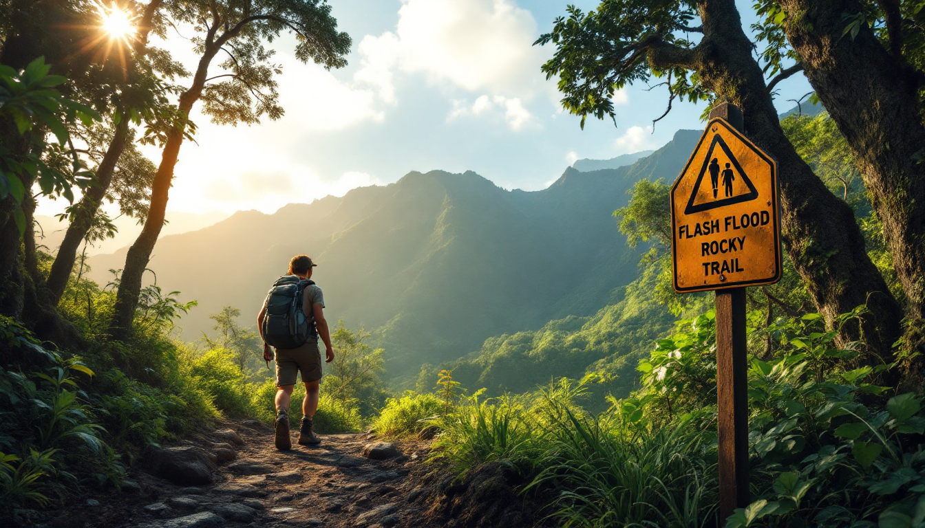 Hiker on Hawaiian trail with safety signs and appropriate gear