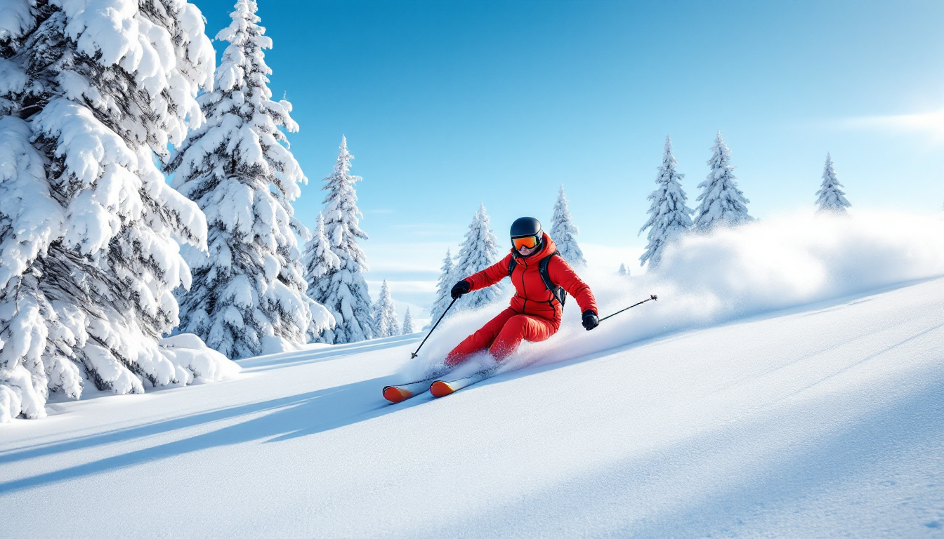 Winter powder skiing in Hokkaido, Japan with skier in deep snow surrounded by pine trees