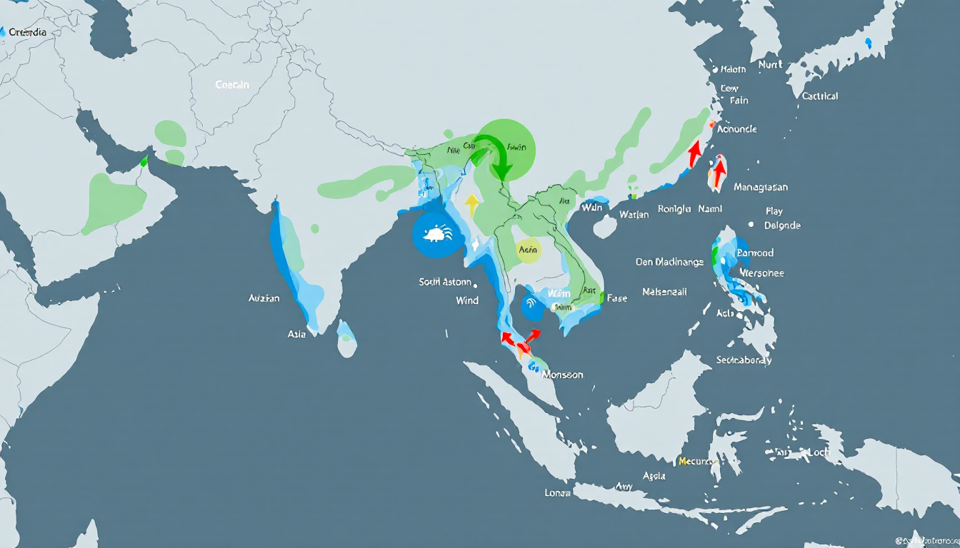 World map showing timing and regions of monsoon seasons in South and Southeast Asia
