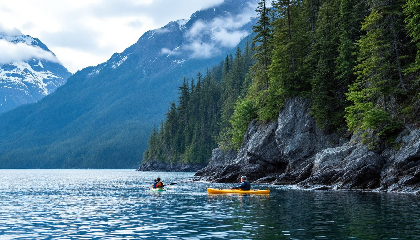 Coastal rainforest and fjords of Southeast Alaska with whales and kayakers