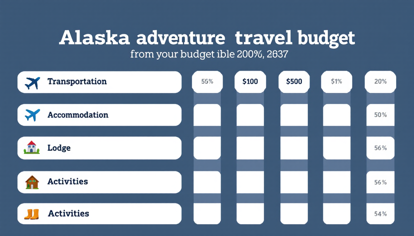 Infographic showing Alaska adventure travel budget categories with icons and realistic style.