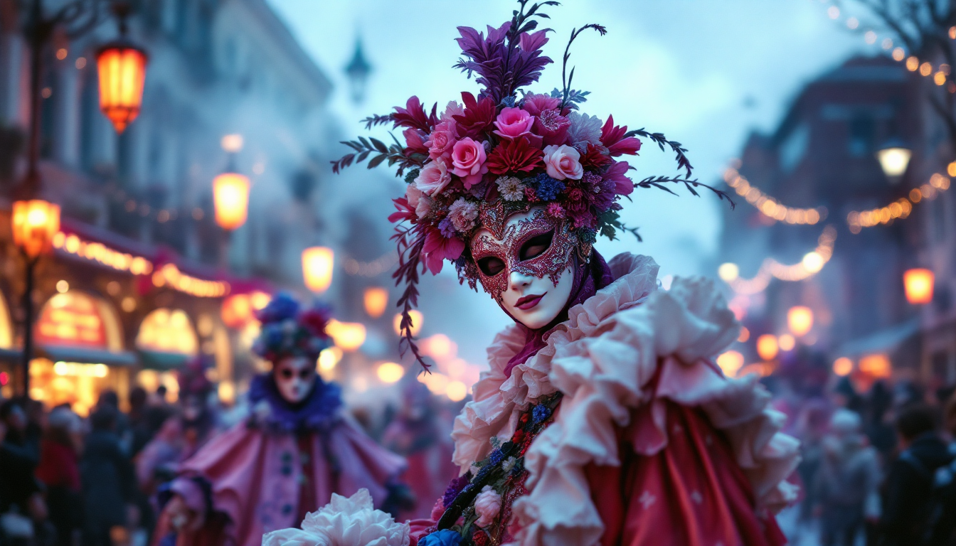 Venice Carnival parade with masked costumes and festive winter setting