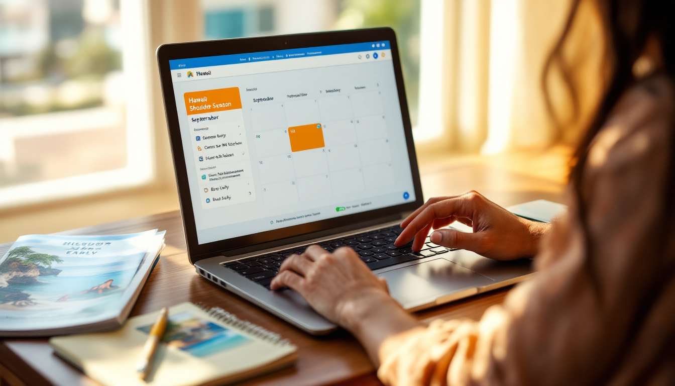 Traveler planning a budget Hawaii vacation with brochures and laptop showing saving strategies