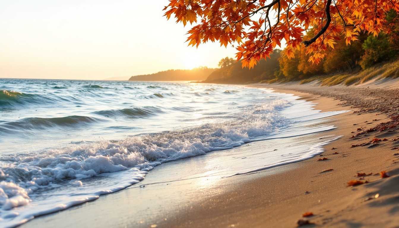 Peaceful fall beach with few visitors, warm light and autumn trees near the coast