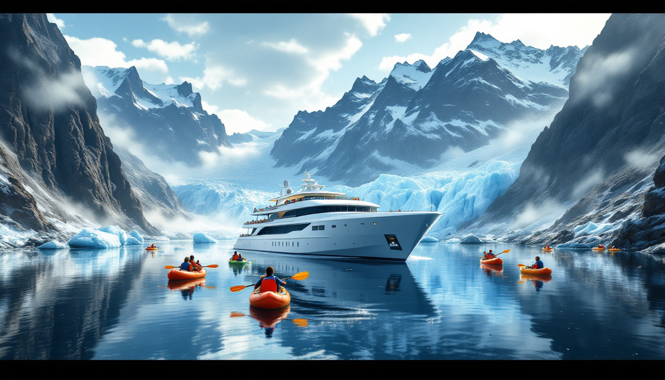 Small luxury expedition ship exploring Alaskan fjords with kayaks and skiffs
