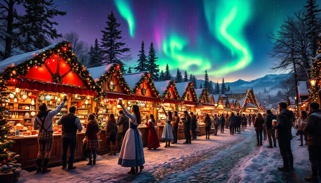 European themed travel including Oktoberfest celebrations, Christmas markets, and Northern Lights over Nordic countries.