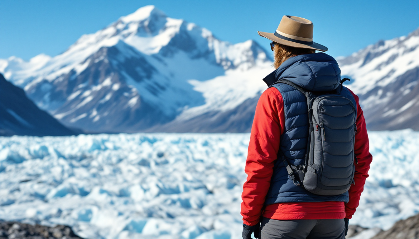 Hiker on Harding Icefield Trail overlooking massive glacier