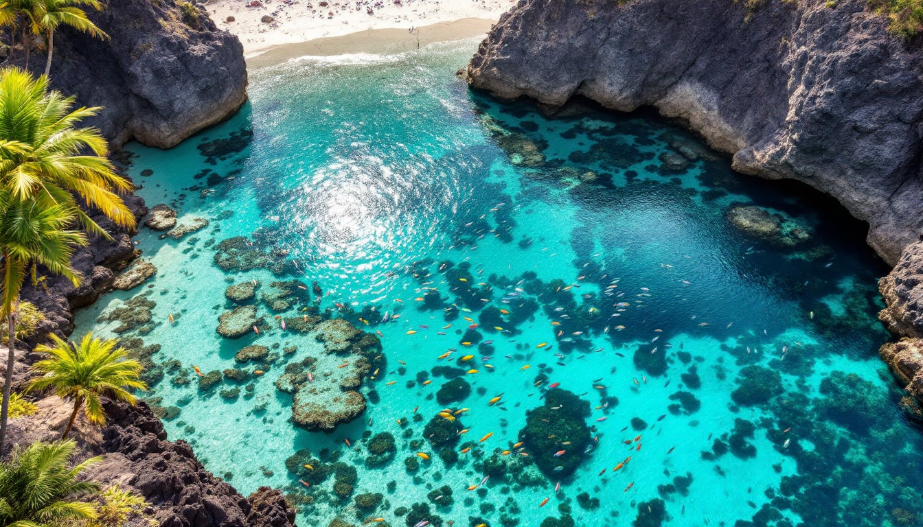 Hanauma Bay calm volcanic bay with tropical fish
