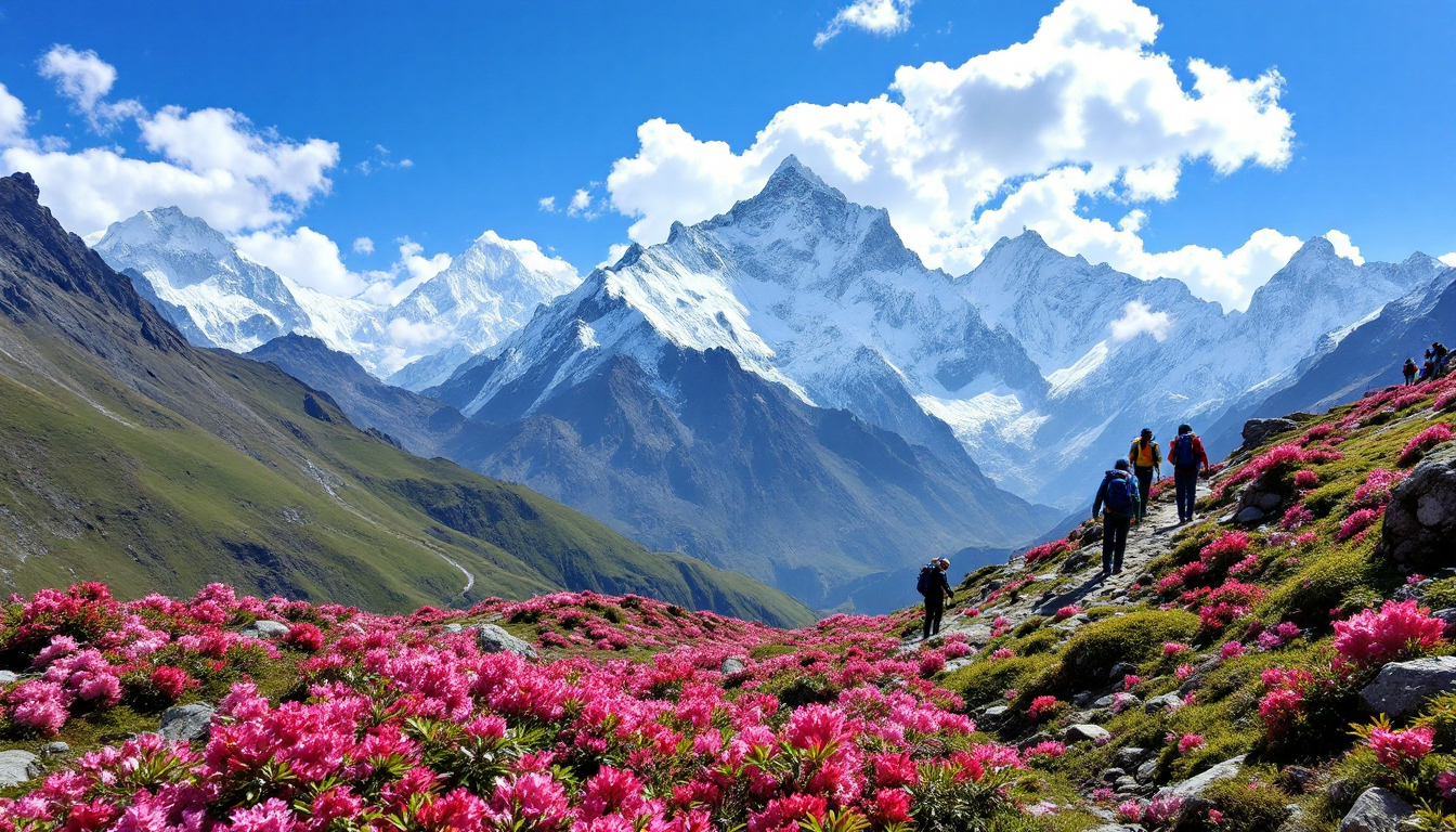 Trekkers on Everest Base Camp trail in Nepal during spring with blooming rhododendron flowers and clear blue sky