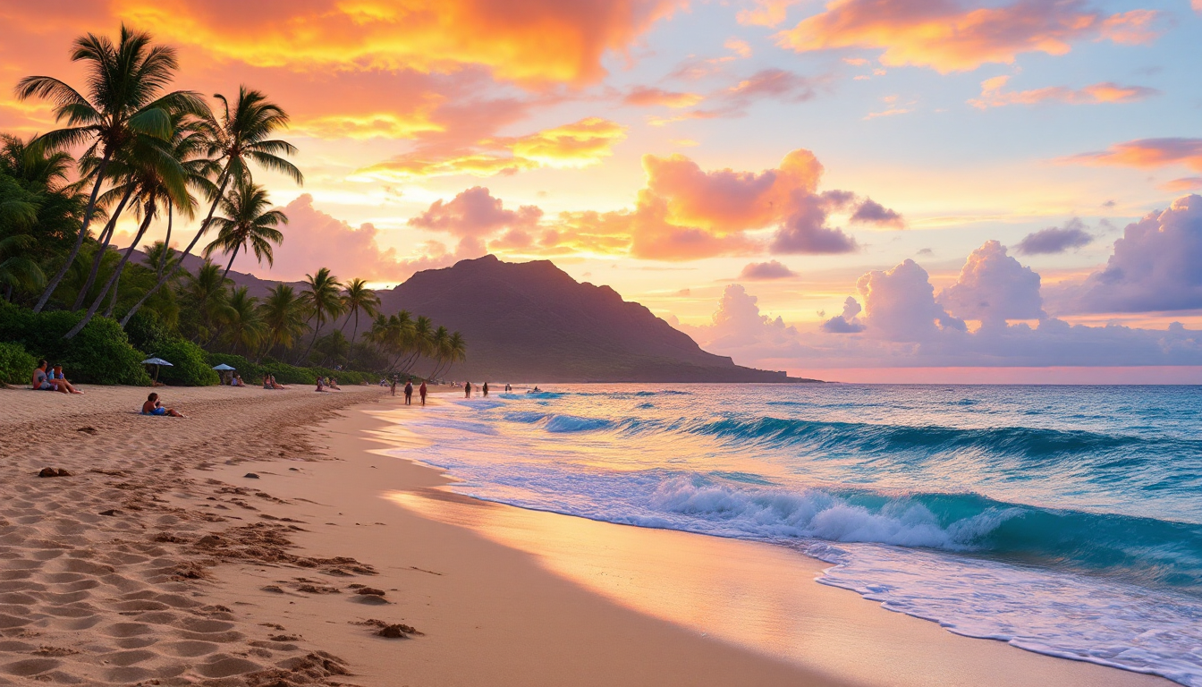 Sunset at Hawaiian beach showing visitors relaxing peacefully embodying aloha spirit
