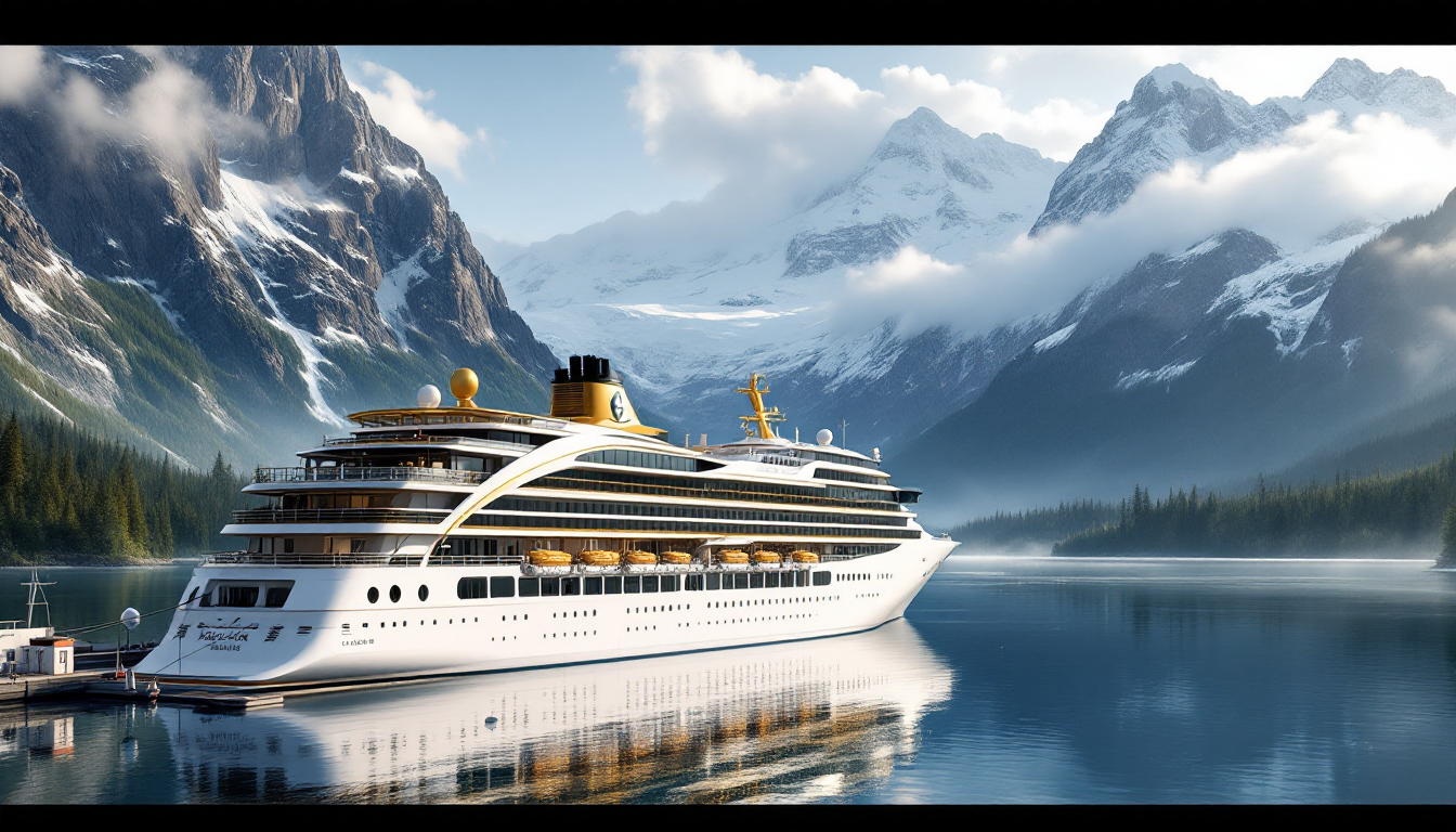 Luxury cruise ship at Alaskan National Park coastline with wilderness and mountains.