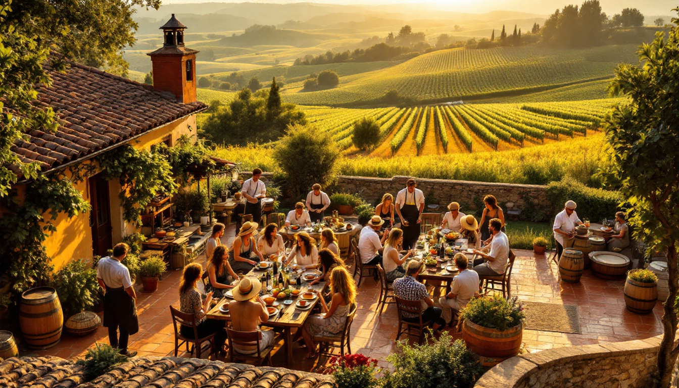 Tuscan vineyard villa with cooking class wine tasting in warm harvest sunlight outdoor rustic setting
