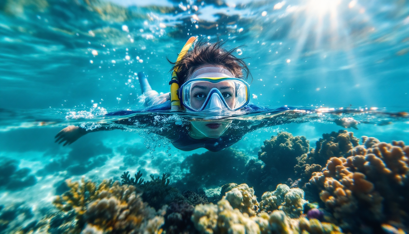 Beginner snorkeler in clear water with tropical fish at Hanauma Bay