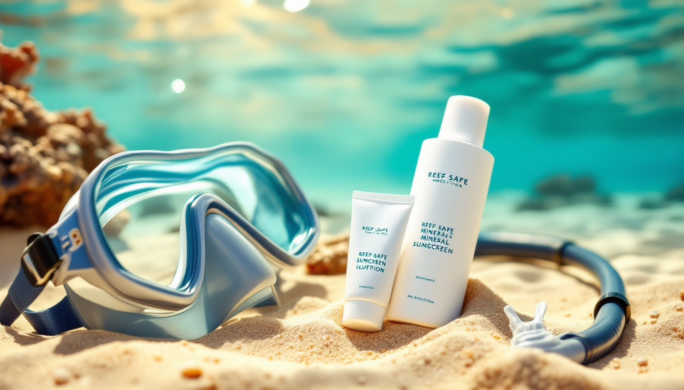 Reef-safe sunscreen and snorkeling gear on sandy Hawaiian beach with clear ocean