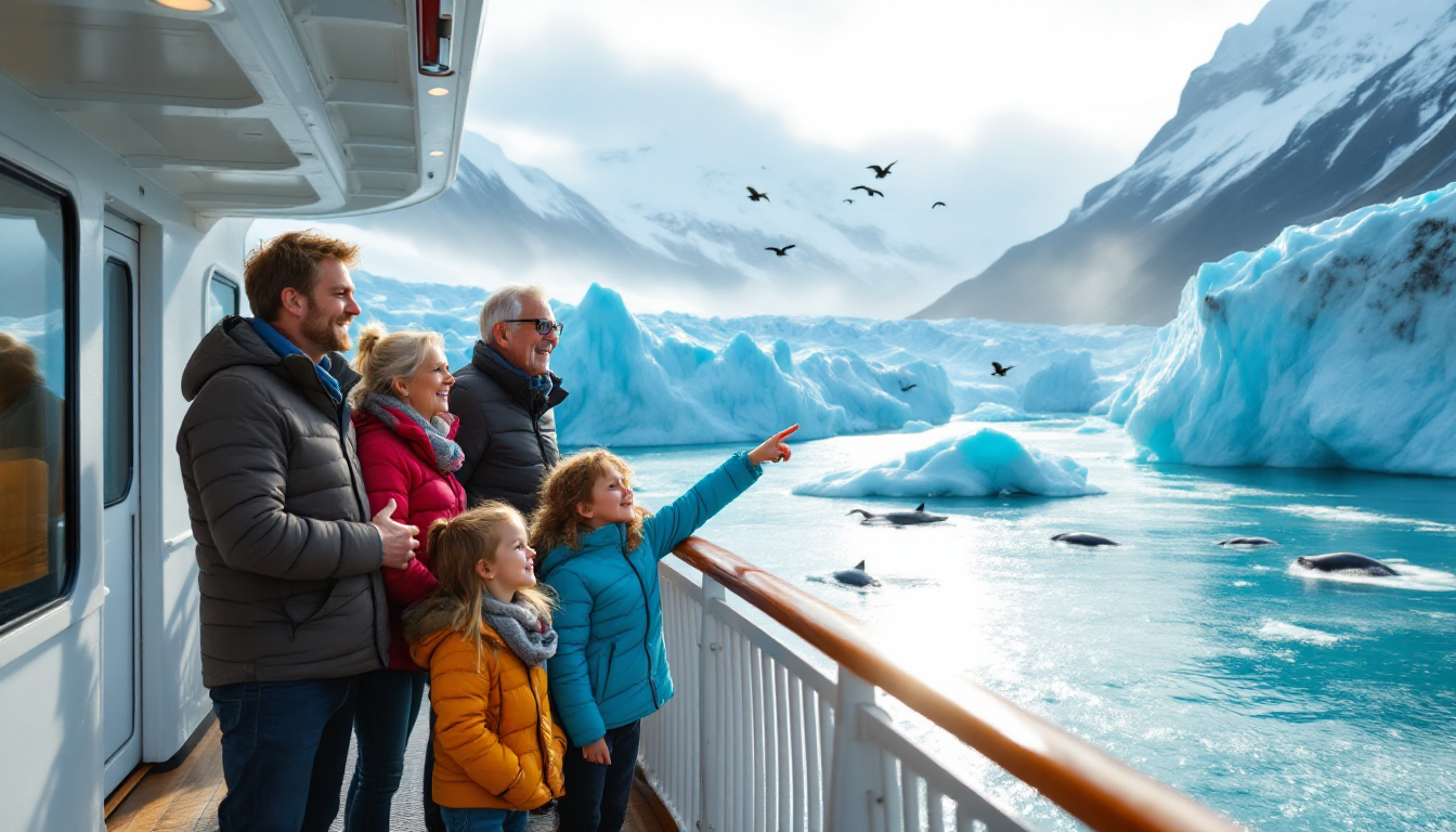 Family enjoying an Alaska cruise ship viewing glaciers and wildlife