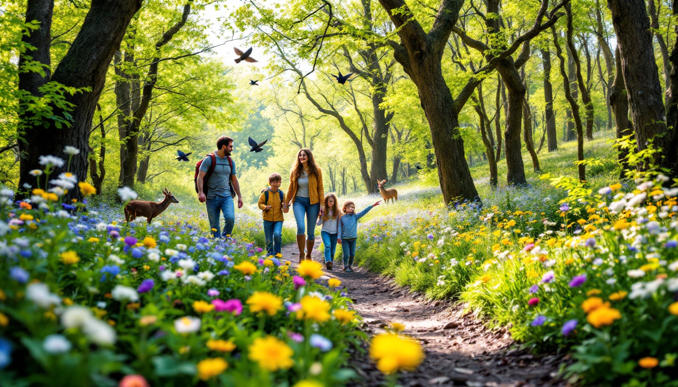Family hiking on a spring trail surrounded by blooming flowers and active wildlife