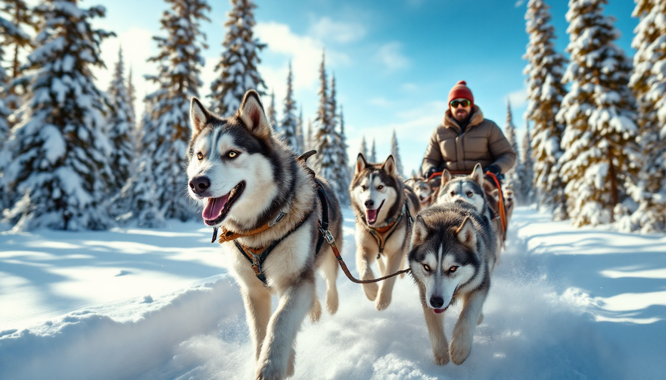 Dog sled team pulling musher on snowy trail in Alaska