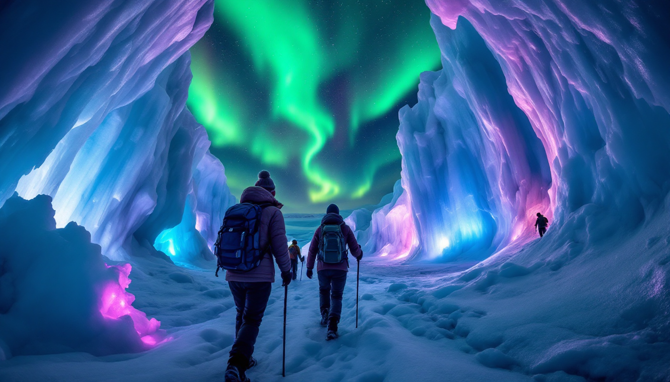 Hikers in Icelandic ice caves with aurora borealis overhead during winter festival