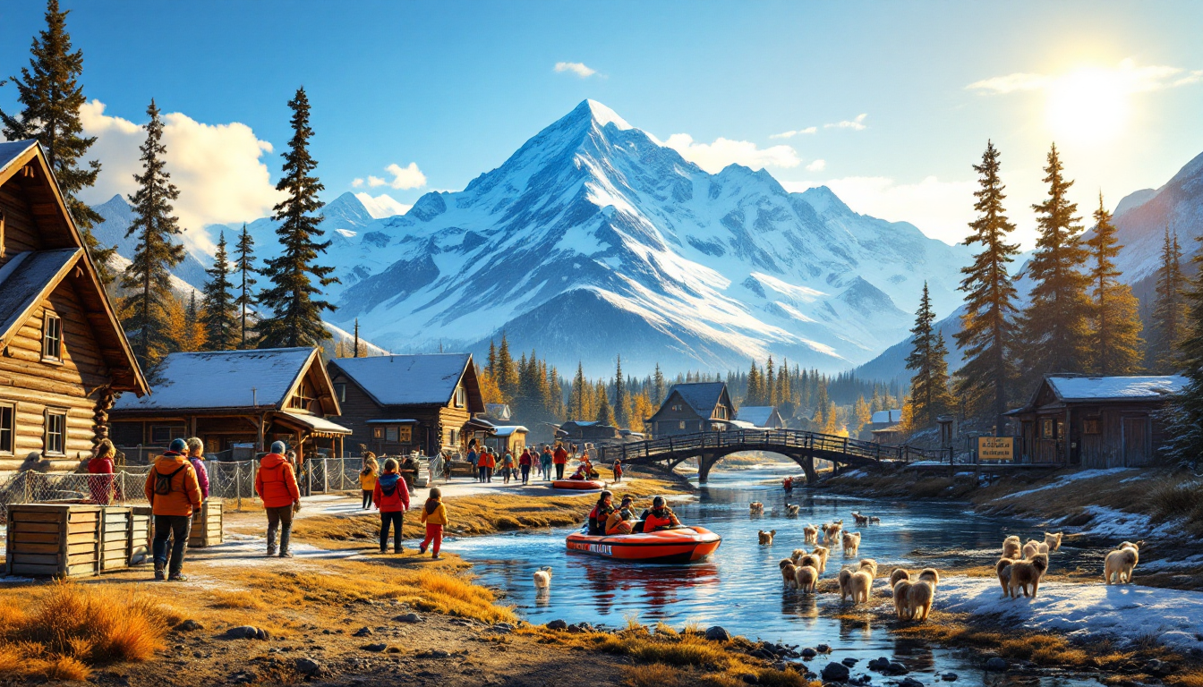 Families enjoying jet boat tours and sled dog kennel visits in Talkeetna with Denali in the background