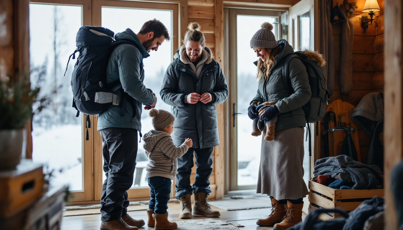 Family preparing layered outdoor clothing and gear for Alaska trip