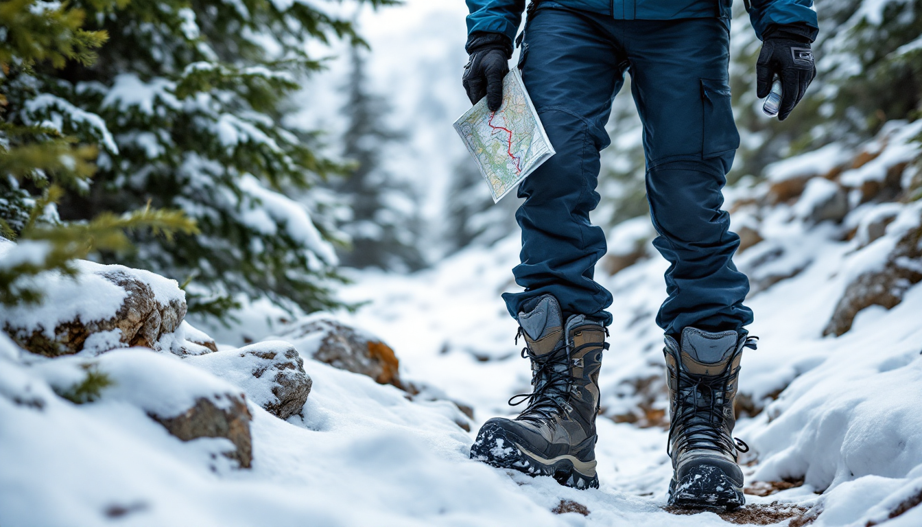 Hiker navigating Alaska backcountry with boots, map and compass