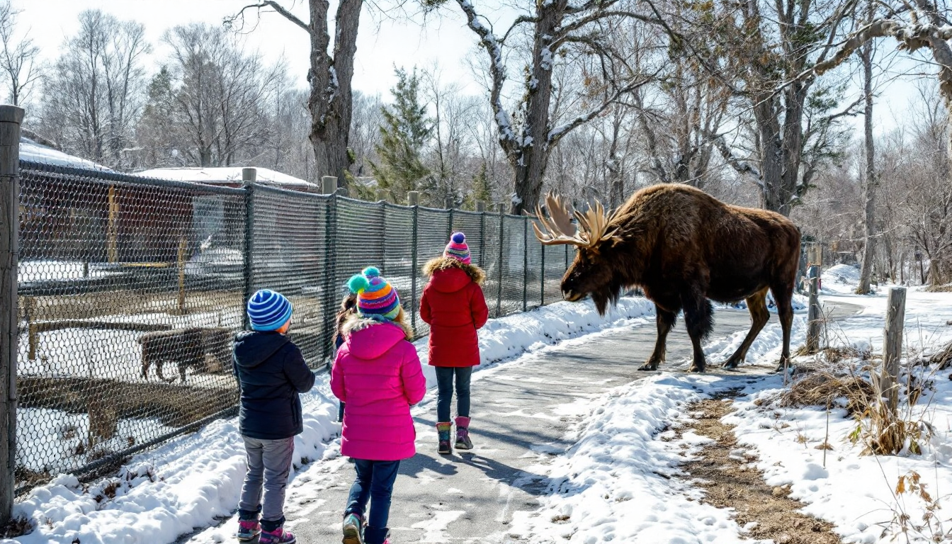 Children watching wildlife like bison and moose at an outdoor Alaskan sanctuary in snow