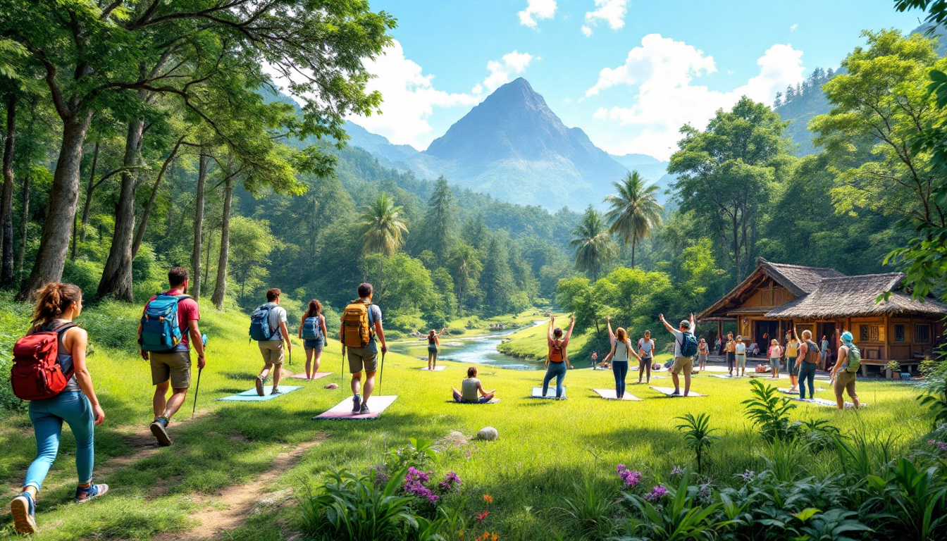 Modern travelers engaged in wellness and eco-tourism activities in nature