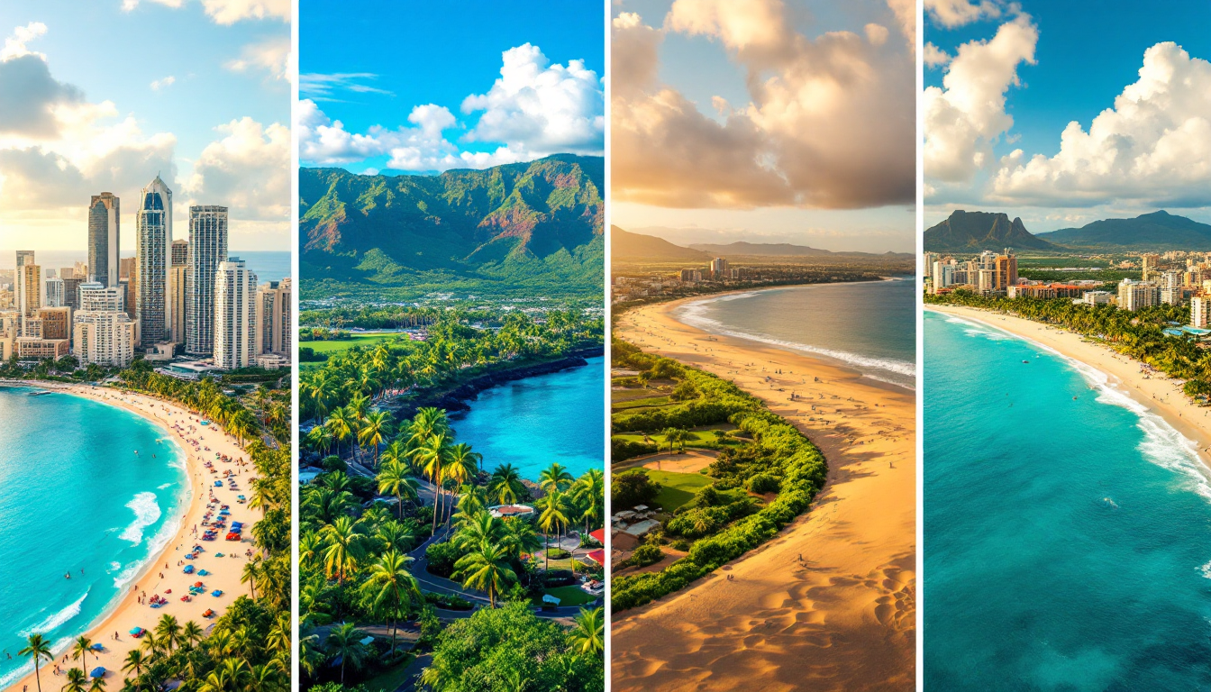 Collage showing Oahu city and beach, Maui sunset, Big Island volcano, and Kauai mountains