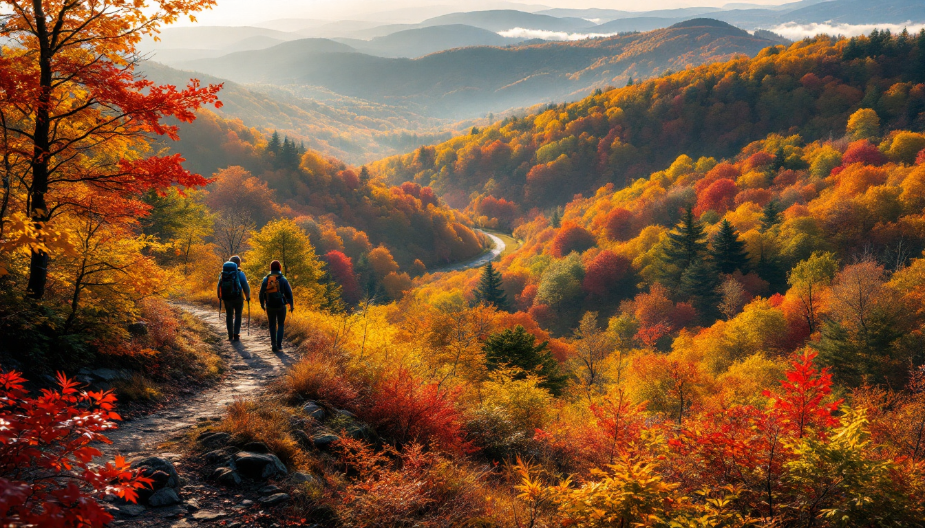 Fall foliage in New England with hikers on Appalachian Trail during autumn