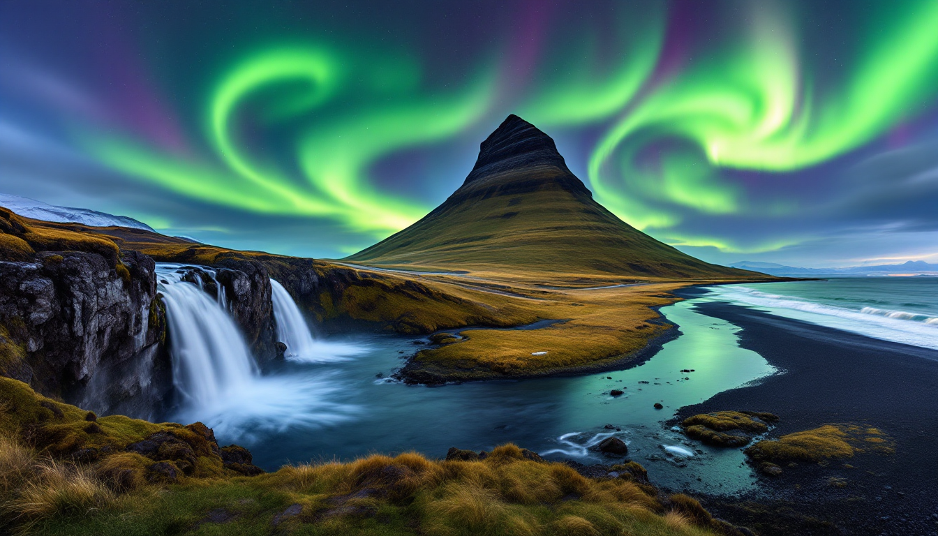 Iceland Ring Road scenic photos with volcano glacier river waterfall black sand beach and northern lights at night