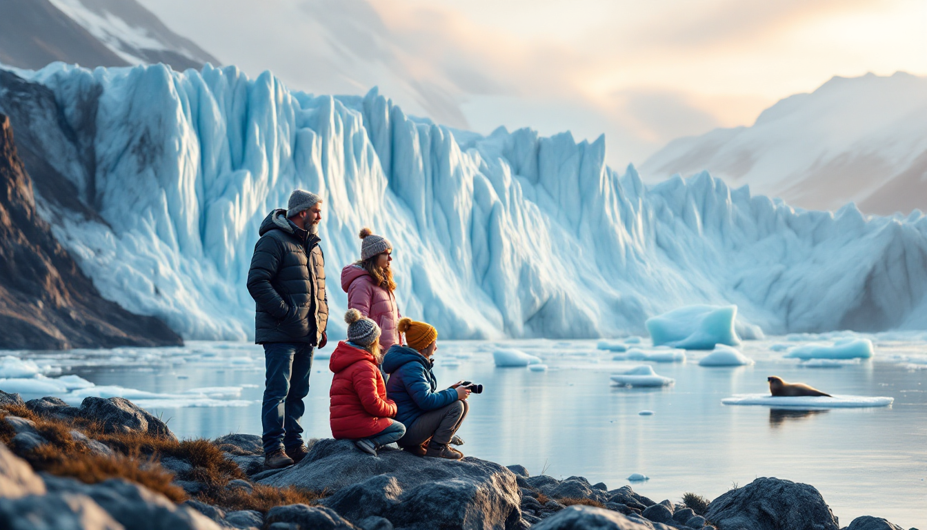Family experiencing glacier calving and wildlife under midnight sun in Alaska adventure