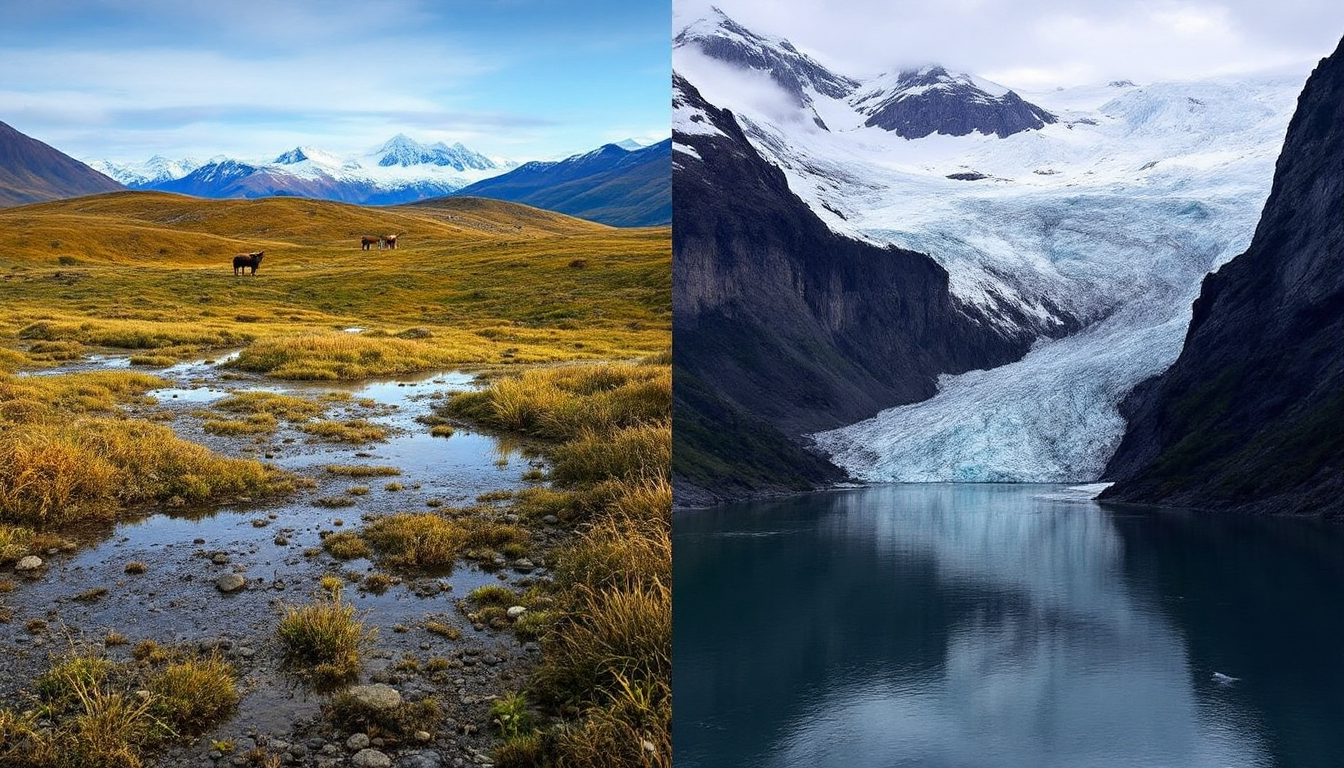 Split image comparing Denali National Park tundra with wildlife and Kenai Peninsula fjords with marine animals.