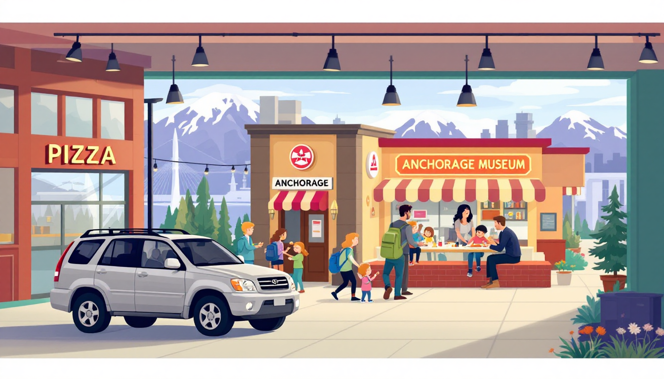 Family arriving in Anchorage, exploring museum exhibits, and dining in a local pizzeria