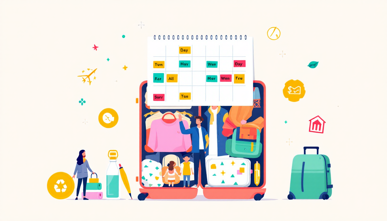 Family travel planning with calendar, packing layers, budgeting and eco-friendly travel concepts