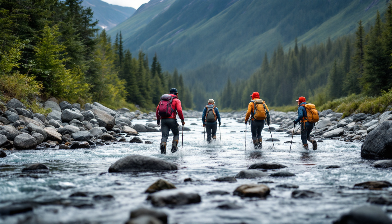 Mid-range Alaska adventure tour group hiking near river with experienced guide.