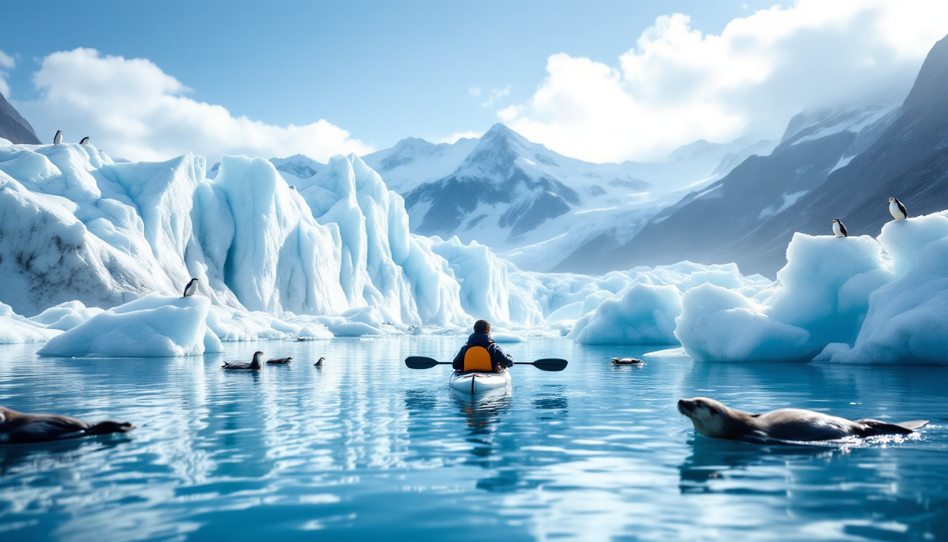 Kayaker paddling near glaciers and wildlife in Kenai Fjords