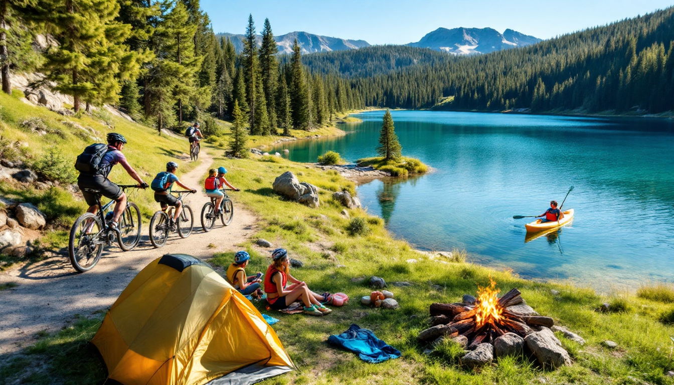 Family mountain biking, kayaking, and camping in national park during summer
