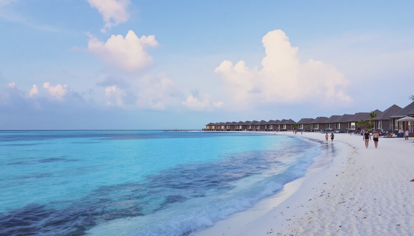 Maldives beach in fall with clear water, coral reefs, and luxury bungalows