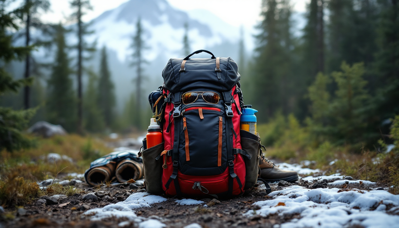 Packed hiking backpack with essential clothing, bear spray and sun protection gear for Alaska.