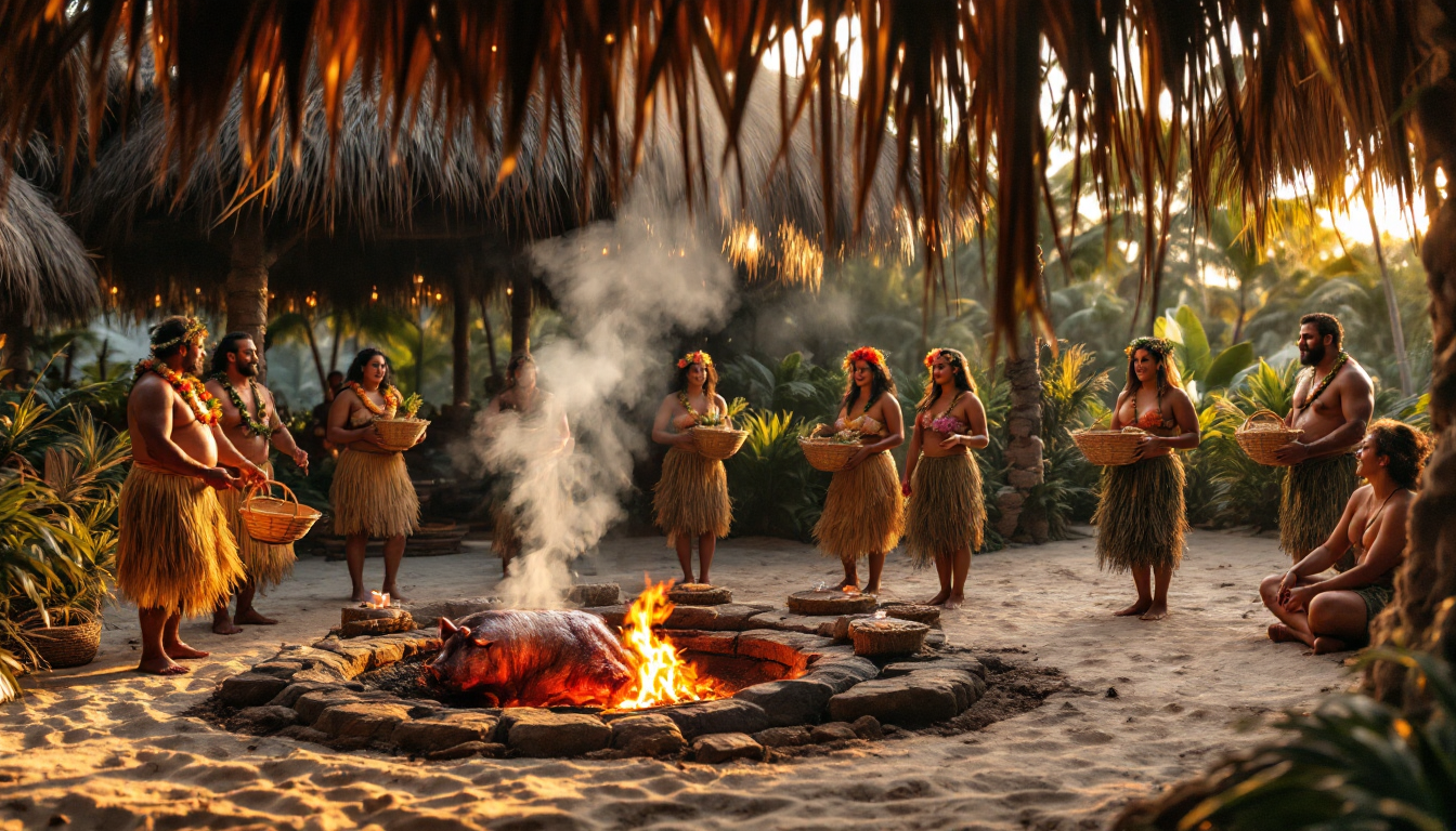 Authentic Hawaiian luau with imu cooking and hula kahiko performance