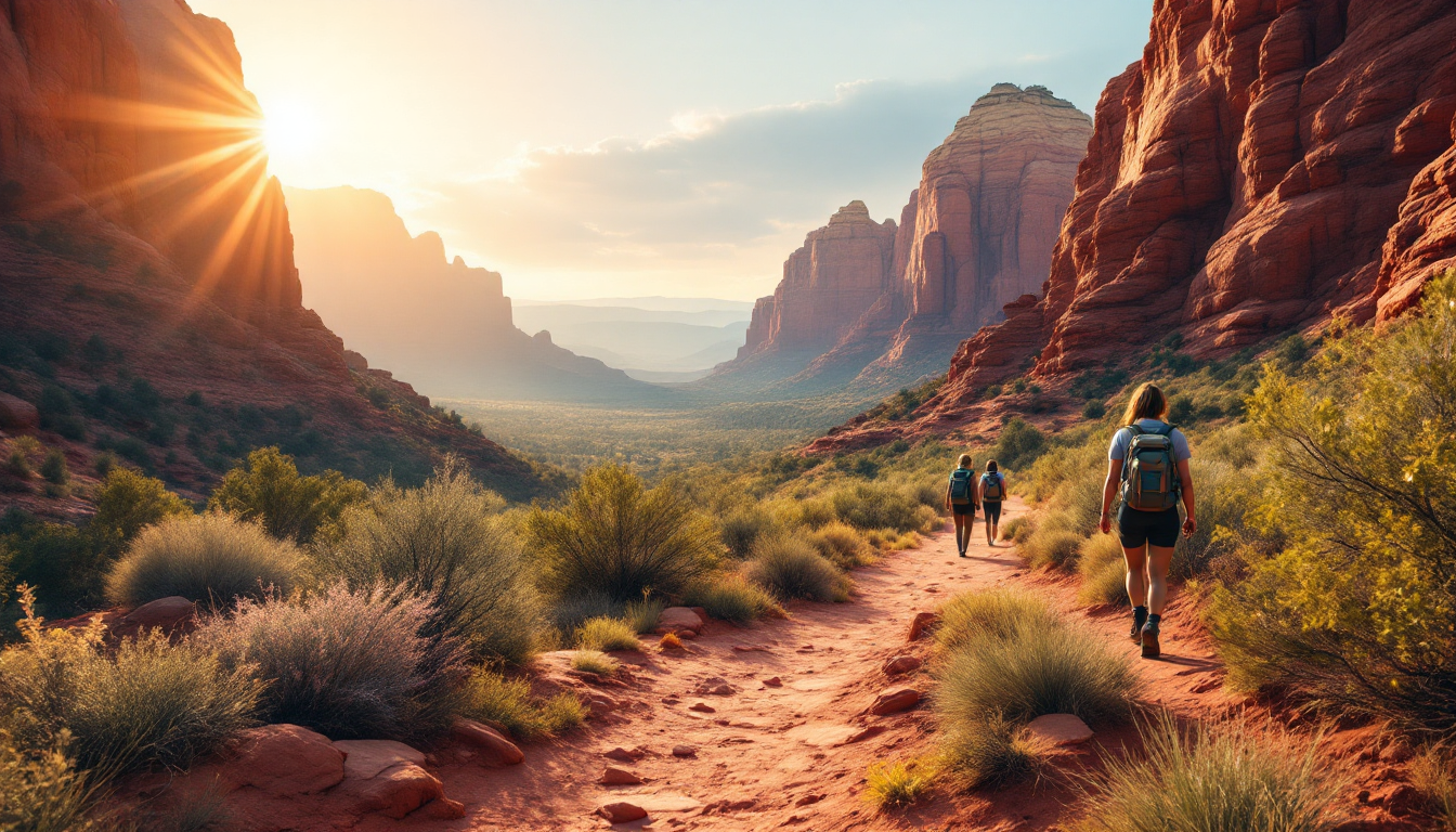 Hikers on a wellness hiking trail among red rock formations in Sedona, Arizona