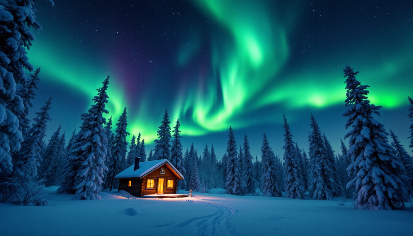 Northern lights over snowy forest and cabin in Finnish Lapland winter